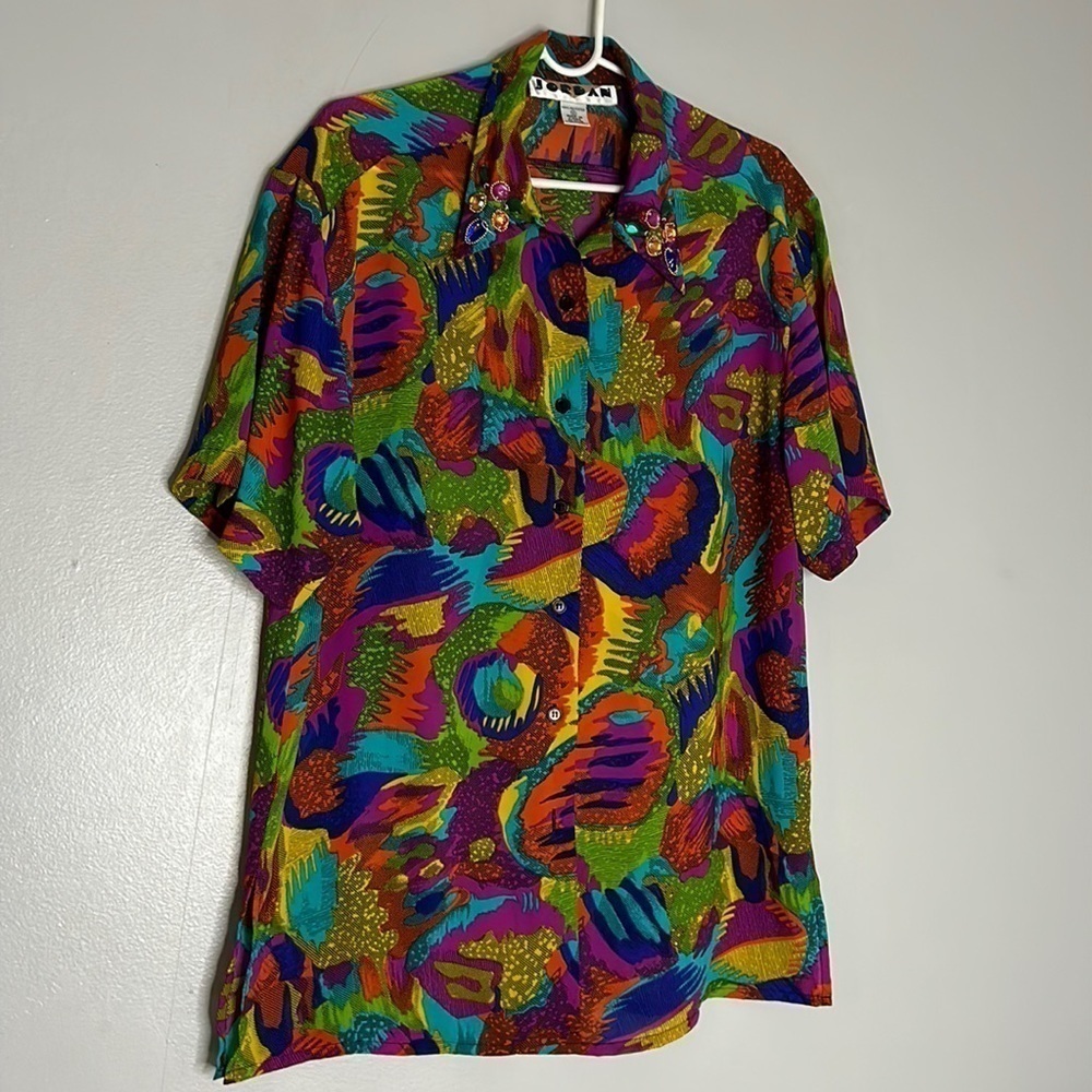 Vintage 80s-90s JORDAN MULTICOLOR short sleeve button down blouse size 10